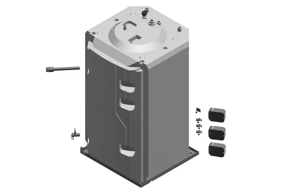 Bosch Behälter mit funktionalem Design und verschiedenen Montageschrauben, seitlich angebrachten Griffen und einer oberen Abdeckplatte.